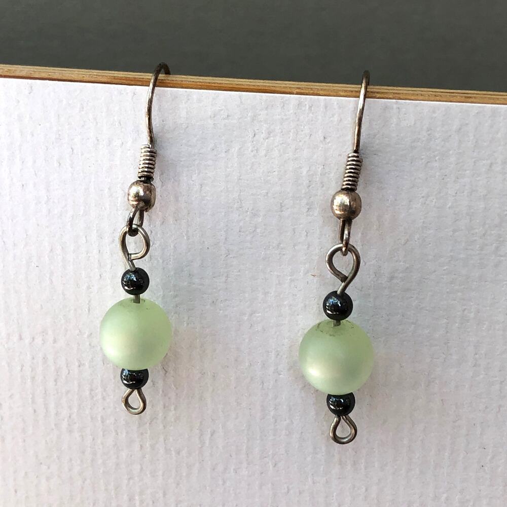 Green Hematite Dangle Statement Earrings Hook Upcycled Handmade Gift
